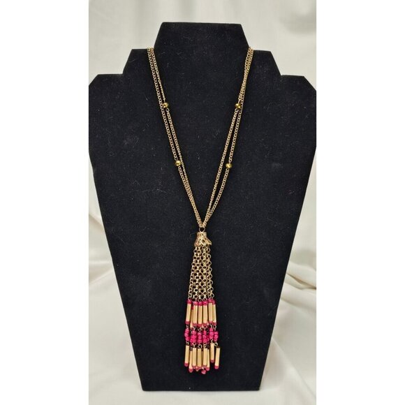 Unbranded Jewelry - Vintage Gold Tone Tube Tassel Necklace Bead Accents Boho Chic Jewelry